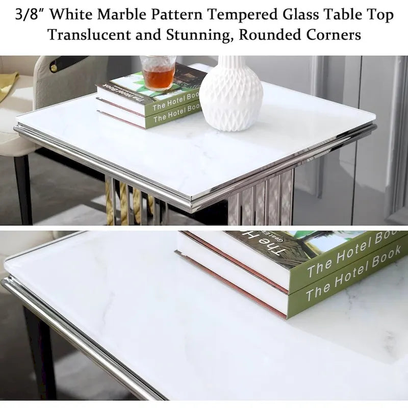 Table d'appoint de luxe en argent et verre avec plateau carré de 24 pouces et base en acier inoxydable