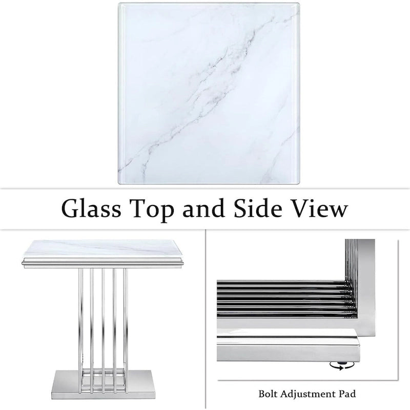Table d'appoint de luxe en argent et verre avec plateau carré de 24 pouces et base en acier inoxydable
