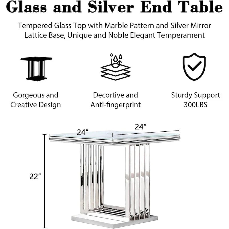 Table d'appoint de luxe en argent et verre avec plateau carré de 24 pouces et base en acier inoxydable