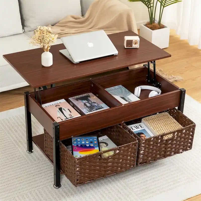 Table basse métallique avec plateau relevable et espace de rangement caché