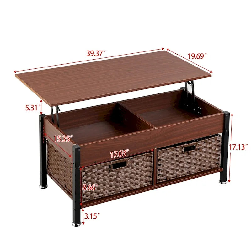 Table basse métallique avec plateau relevable et espace de rangement caché