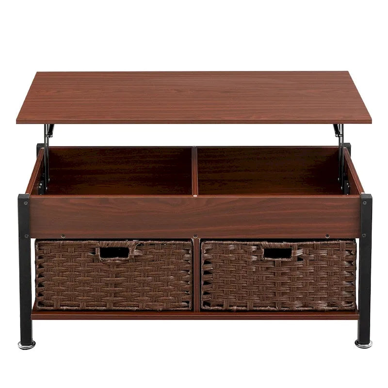 Table basse métallique avec plateau relevable et espace de rangement caché