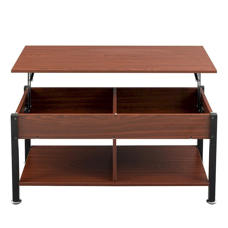 Table basse métallique avec plateau relevable et espace de rangement caché