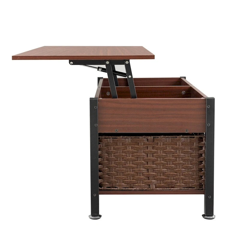 Table basse métallique avec plateau relevable et espace de rangement caché