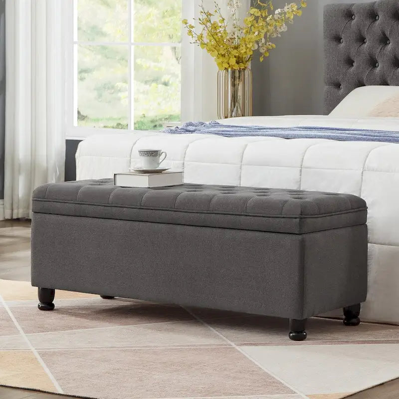 Banc de rangement capitonné avec boutons, Banc d'entrée en tissu de lin avec pieds en bois tournés, Banc de lit - Gris foncé