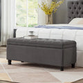 Banc de rangement capitonné avec boutons, Banc d'entrée en tissu de lin avec pieds en bois tournés, Banc de lit - Gris foncé