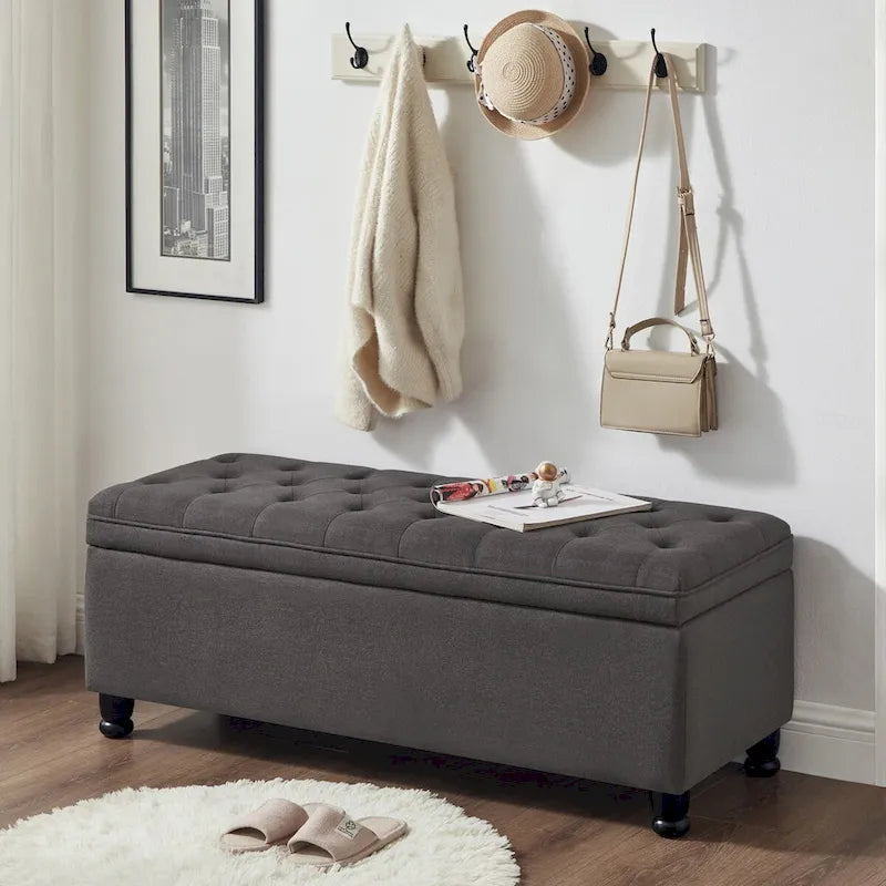 Banc de rangement capitonné avec boutons, Banc d'entrée en tissu de lin avec pieds en bois tournés, Banc de lit - Gris foncé