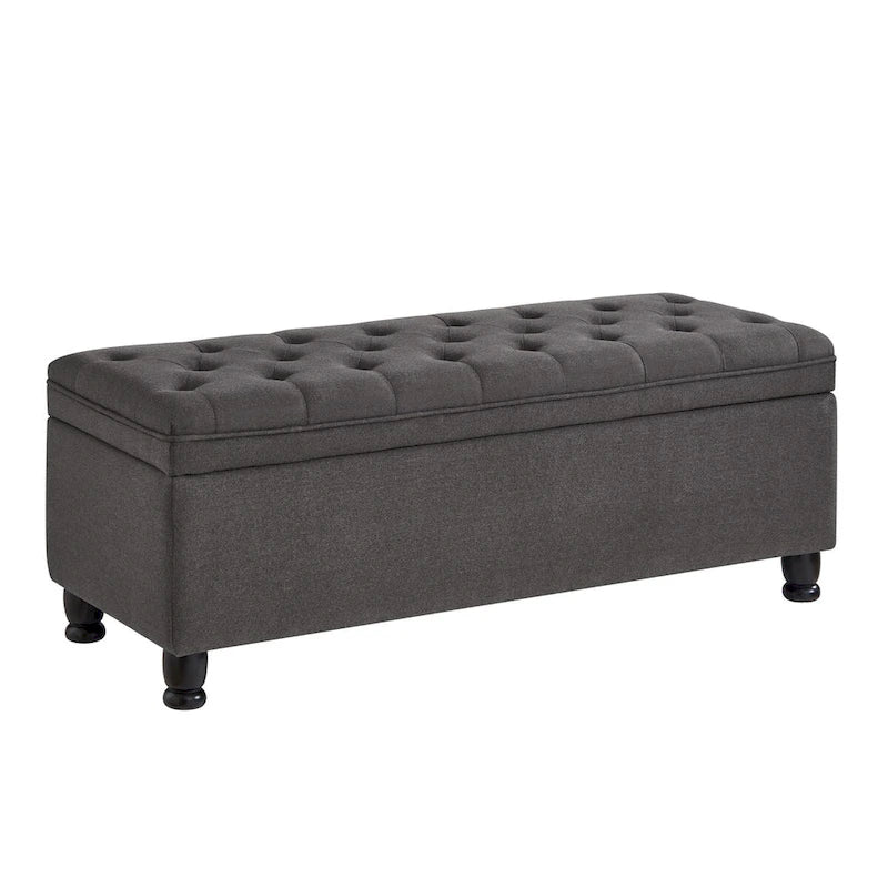 Banc de rangement capitonné avec boutons, Banc d'entrée en tissu de lin avec pieds en bois tournés, Banc de lit - Gris foncé