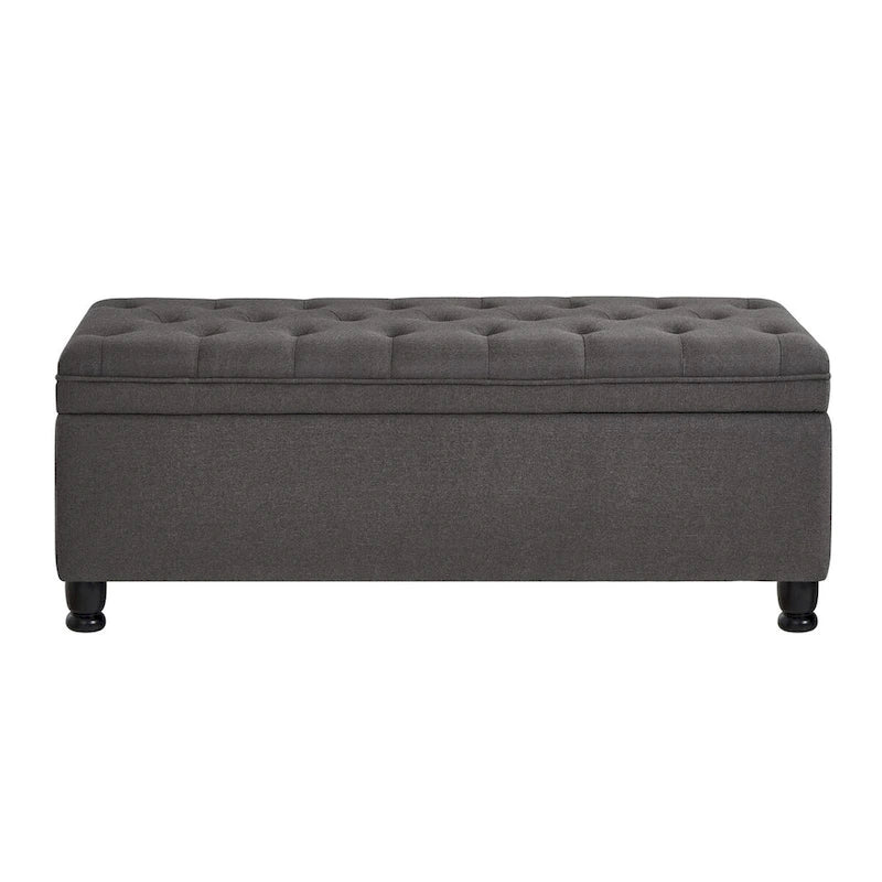Banc de rangement capitonné avec boutons, Banc d'entrée en tissu de lin avec pieds en bois tournés, Banc de lit - Gris foncé