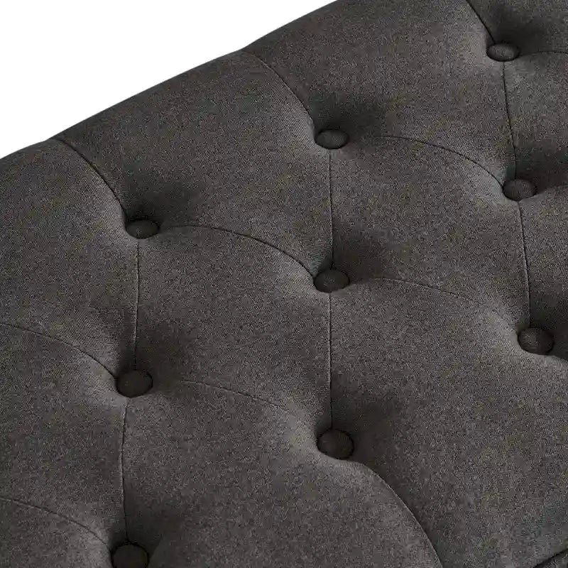 Banc de rangement capitonné avec boutons, Banc d'entrée en tissu de lin avec pieds en bois tournés, Banc de lit - Gris foncé