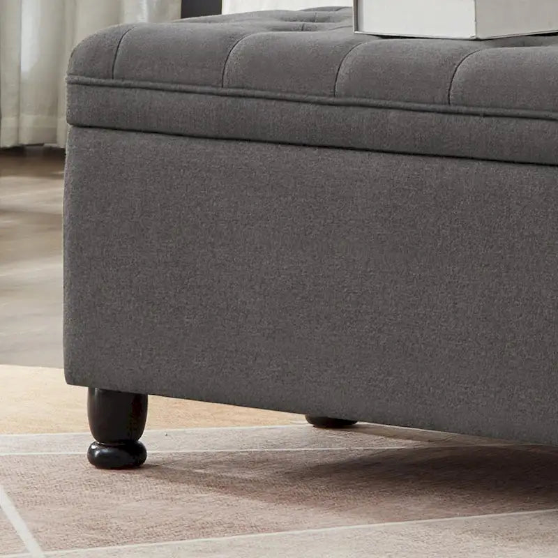 Banc de rangement capitonné avec boutons, Banc d'entrée en tissu de lin avec pieds en bois tournés, Banc de lit - Gris foncé
