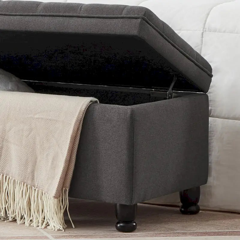 Banc de rangement capitonné avec boutons, Banc d'entrée en tissu de lin avec pieds en bois tournés, Banc de lit - Gris foncé