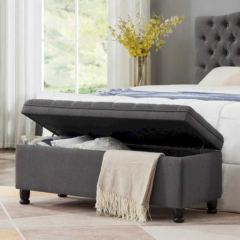 Banc de rangement capitonné avec boutons, Banc d'entrée en tissu de lin avec pieds en bois tournés, Banc de lit - Gris foncé