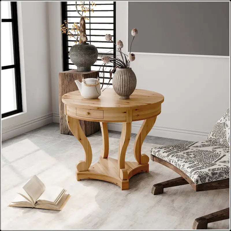 Table à manger ronde de petite taille style ferme avec pieds courbés